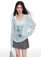 Round Neck Graffiti Butterfly Print T-shirt knit